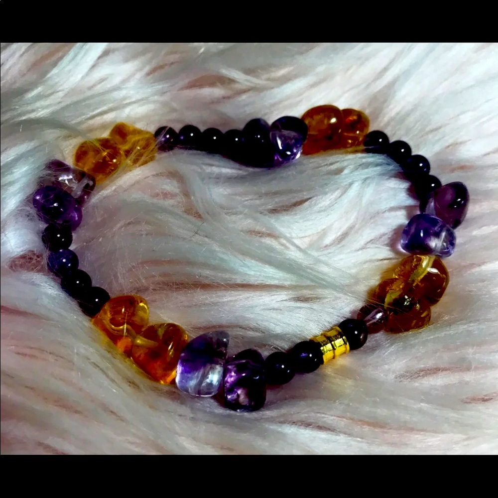 Amethyst Citrine Bead Bracelet With 24K Gold Charm